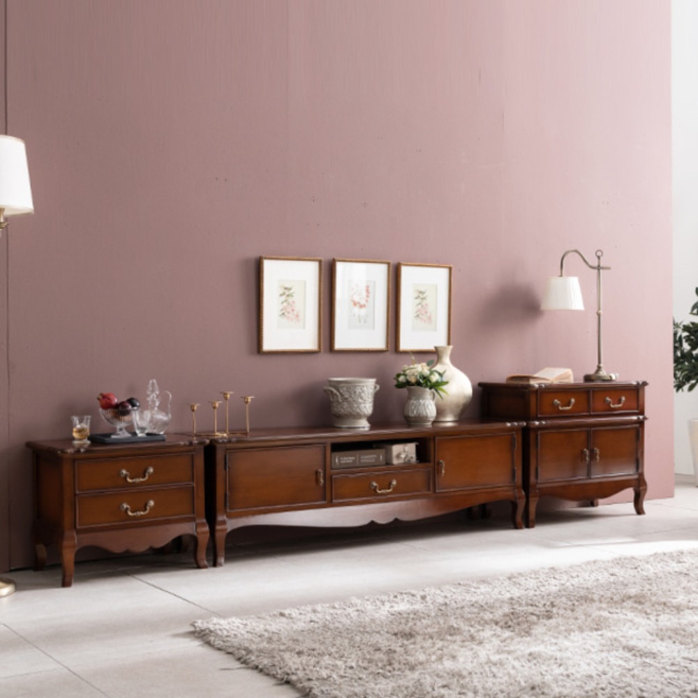 까사홈 에밀리 엔틱 원목 거실장+협탁+수납장 세트