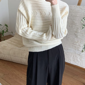 시즈닝 봄 간절기 루즈핏 골지 꽈배기 어깨 트임 오프숄더 입술넥 여성 보... 착용 후기 | 사이즈/핏 총정리 - 상품 이미지 3