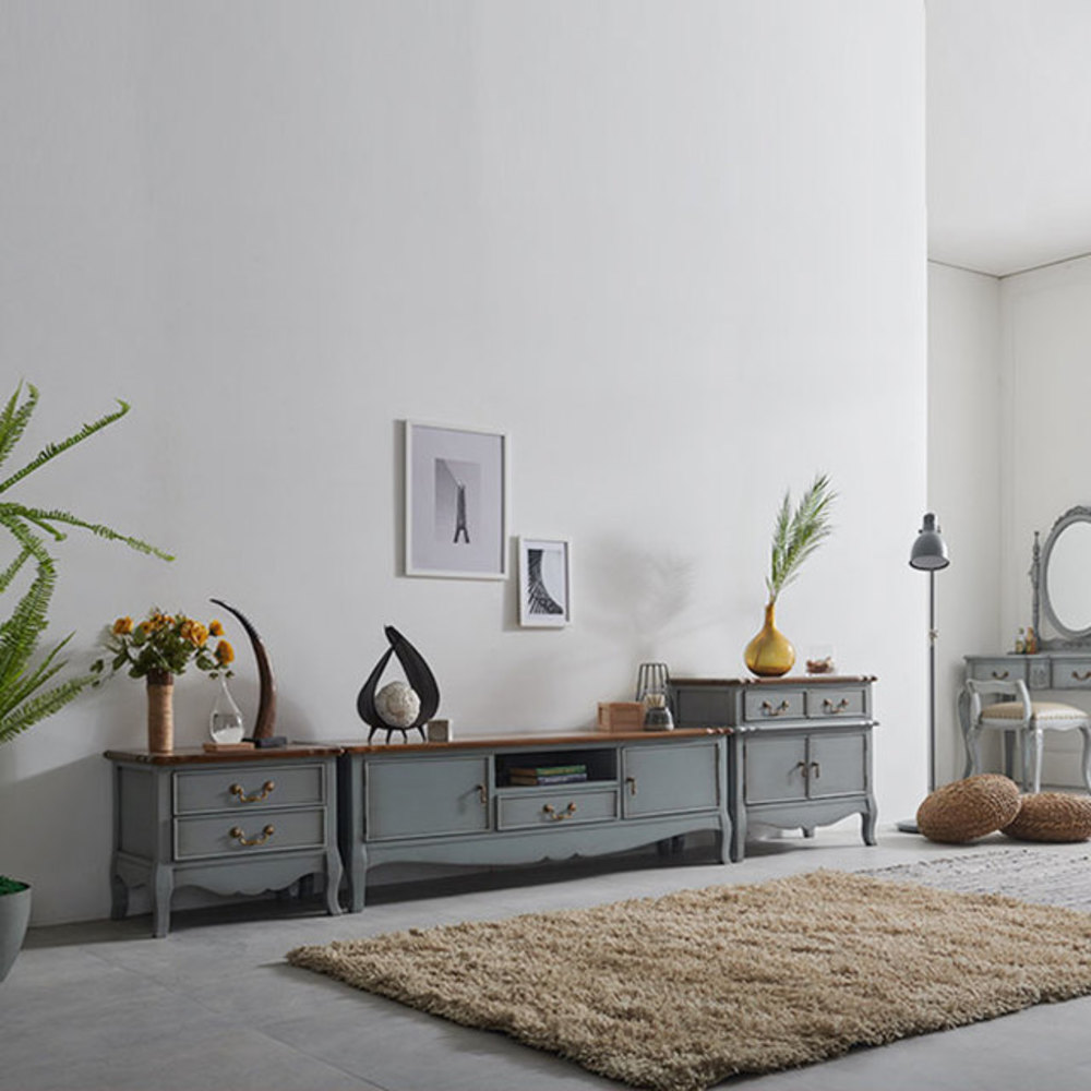 까사홈 엔젤그레이 엔틱 원목 거실장+협탁+수납장 세트