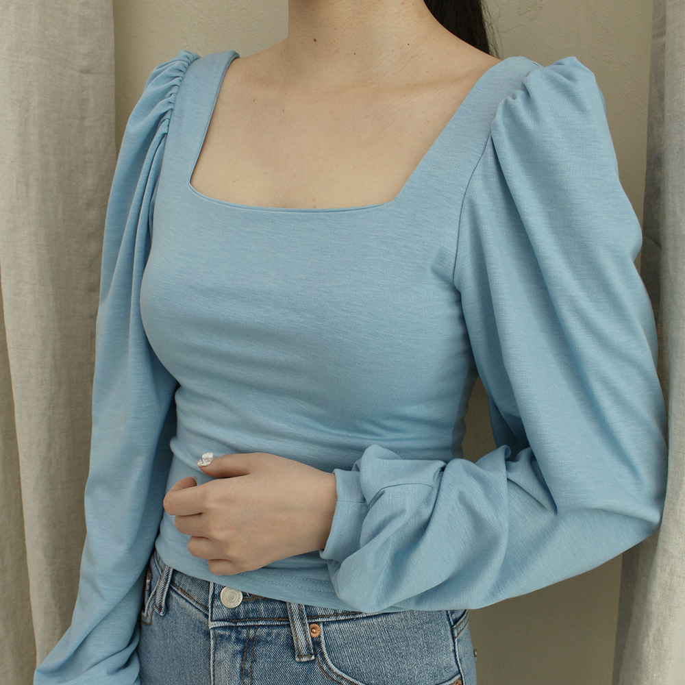 스퀘어넥 긴팔티 슬림핏 퍼프 소매 티셔츠 이미지 1