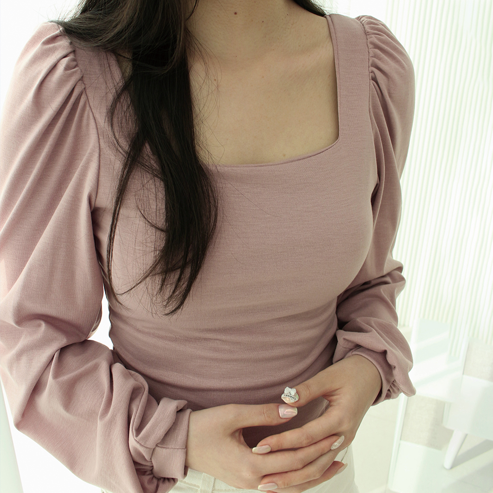 스퀘어넥 긴팔티 슬림핏 퍼프 소매 티셔츠 이미지 4