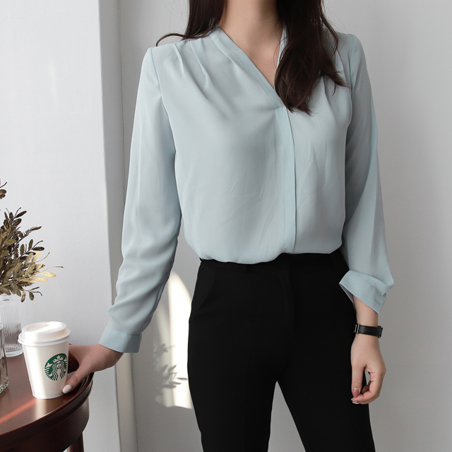 고급 핀턱 노카라 브이넥 여성 가을 블라우스 쉬폰 블라우스 여자 정장 면접 블라우스