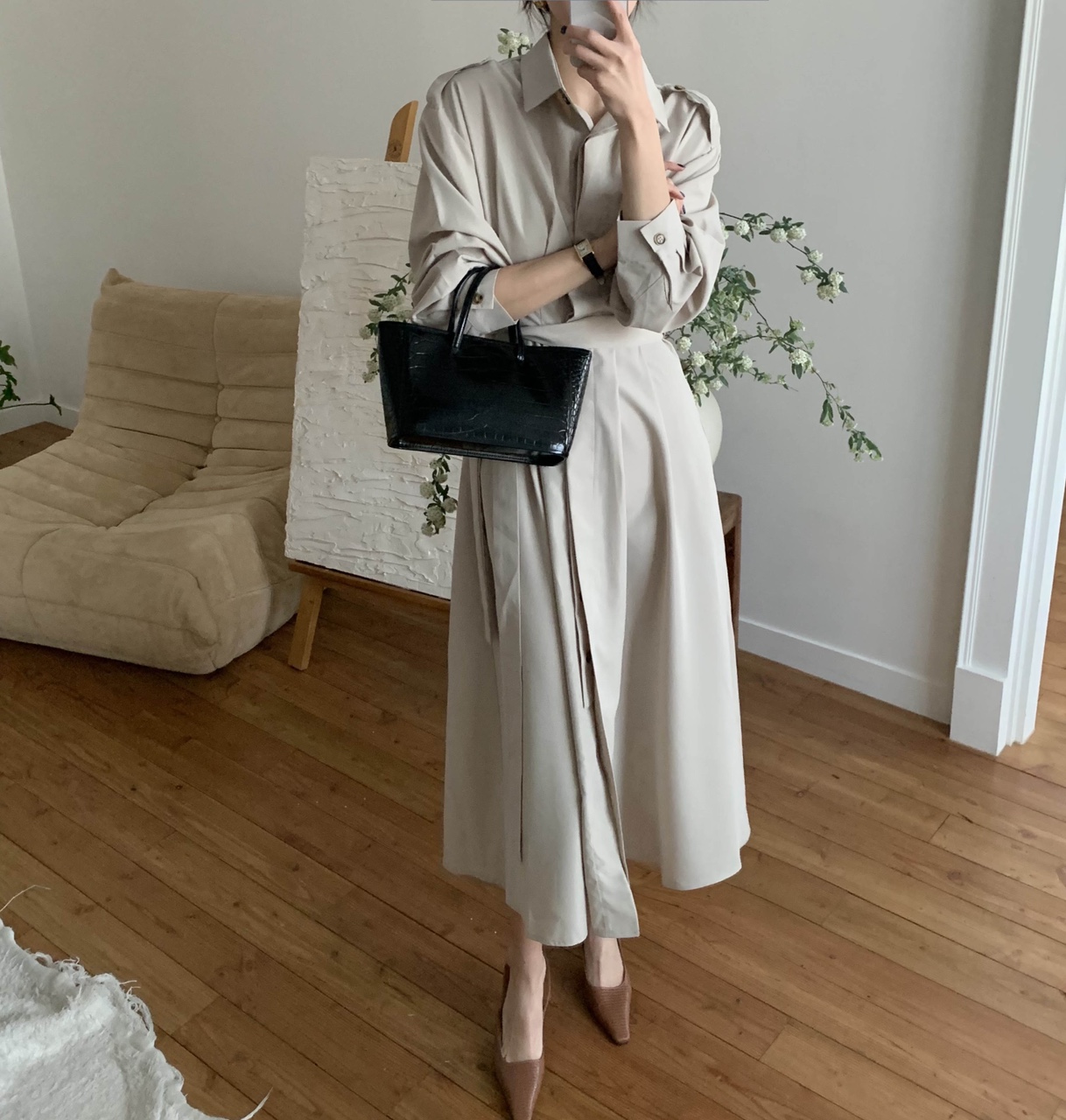 아난티 카라넥 하객룩 핀턱 봄 루즈핏 A라인 벨티드 트렌치 셔츠 롱 원피스(4color)