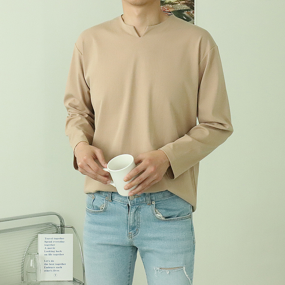 남자긴팔티 구김없는 분또 헨리넥 남자브이넥티셔츠 - 메인 이미지