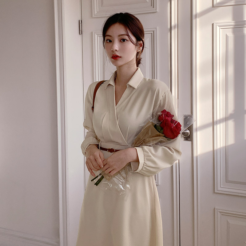 벨트 구성 카라 랩 플레어 원피스 op15021 이미지 2