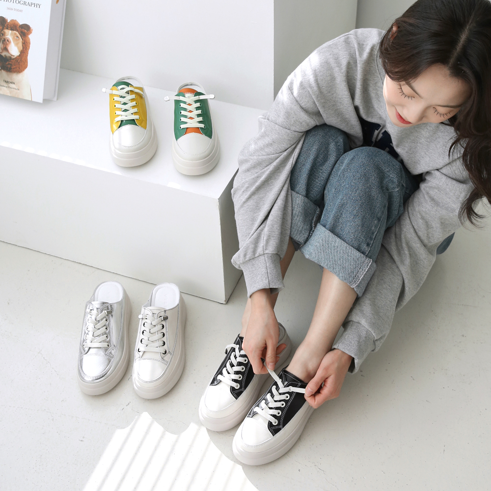 소가죽 뮬스니커즈 쿠션 통굽 운동화슬리퍼 키높이 뮬운동화 6.5cm