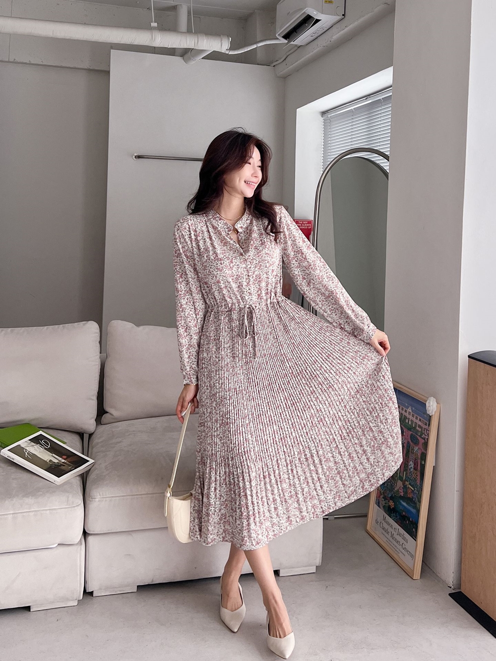쉬폰 플라워 꽃나염 반오픈 허리스트링 주름 롱 원피스 이미지 2