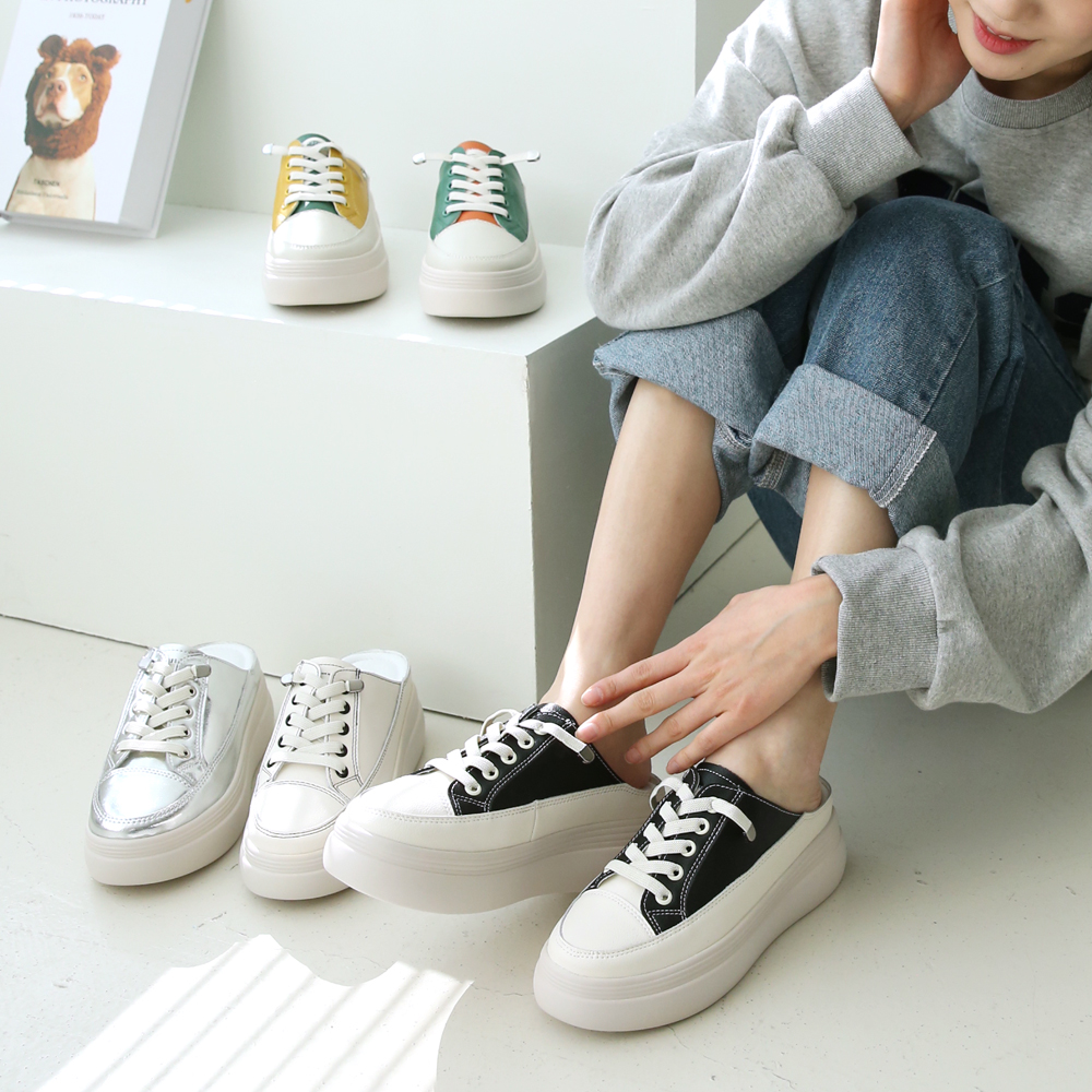 소가죽 뮬스니커즈 쿠션 통굽 운동화슬리퍼 키높이 뮬운동화 6.5cm
