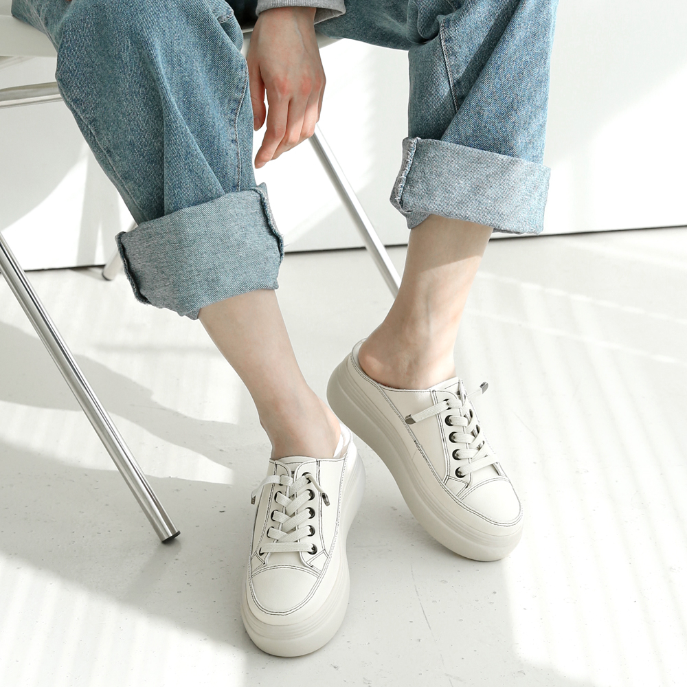 소가죽 뮬스니커즈 쿠션 통굽 운동화슬리퍼 키높이 뮬운동화 6.5cm