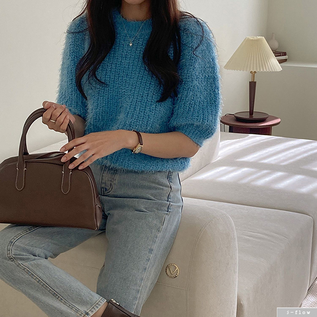 힐러 솔잎사 날개 퍼프 반팔 니트 4col 가을 봄 데일리 라운드 크롭 제이플로우 제품 이미지
