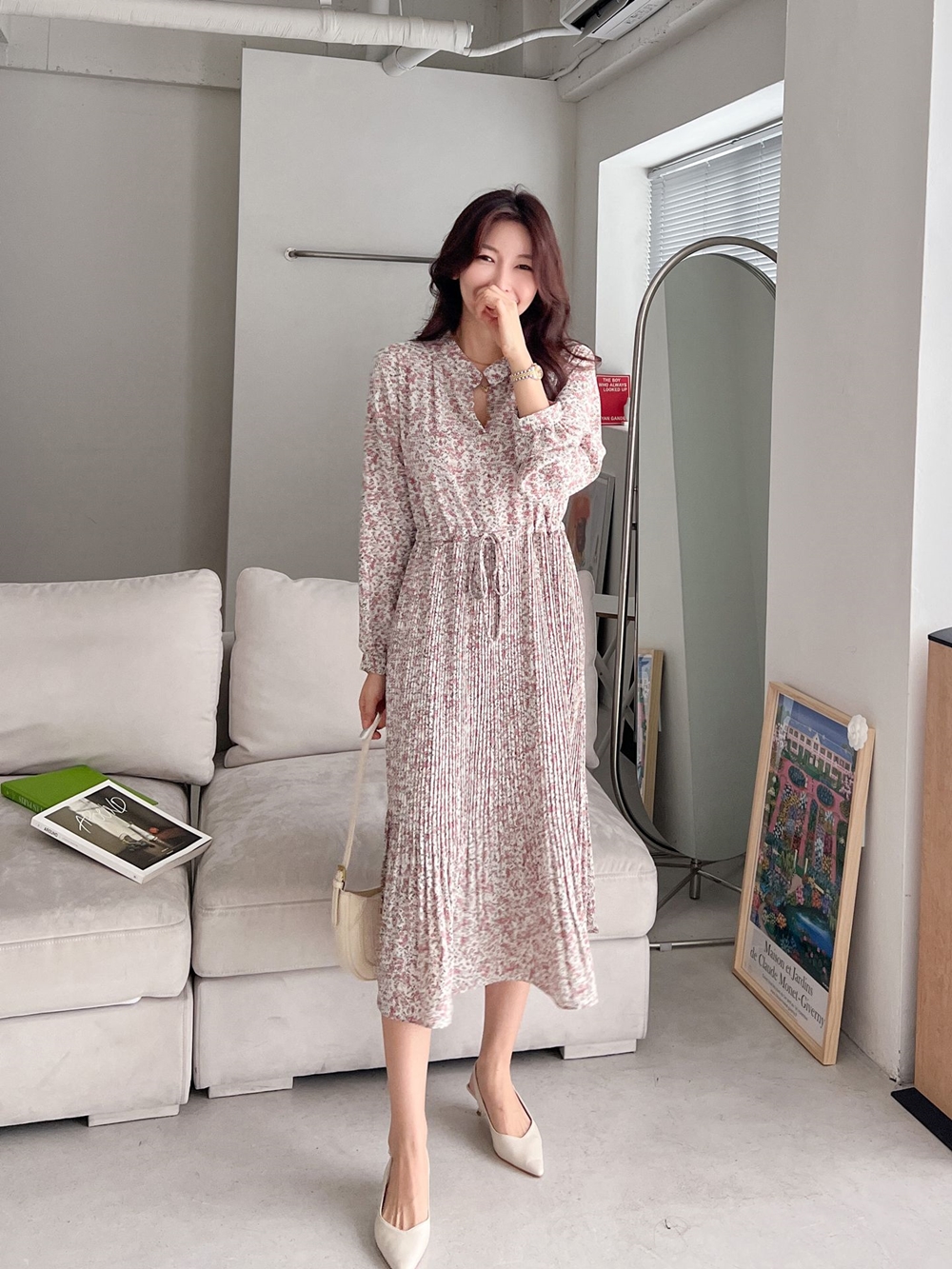쉬폰 플라워 꽃나염 반오픈 허리스트링 주름 롱 원피스 이미지 3