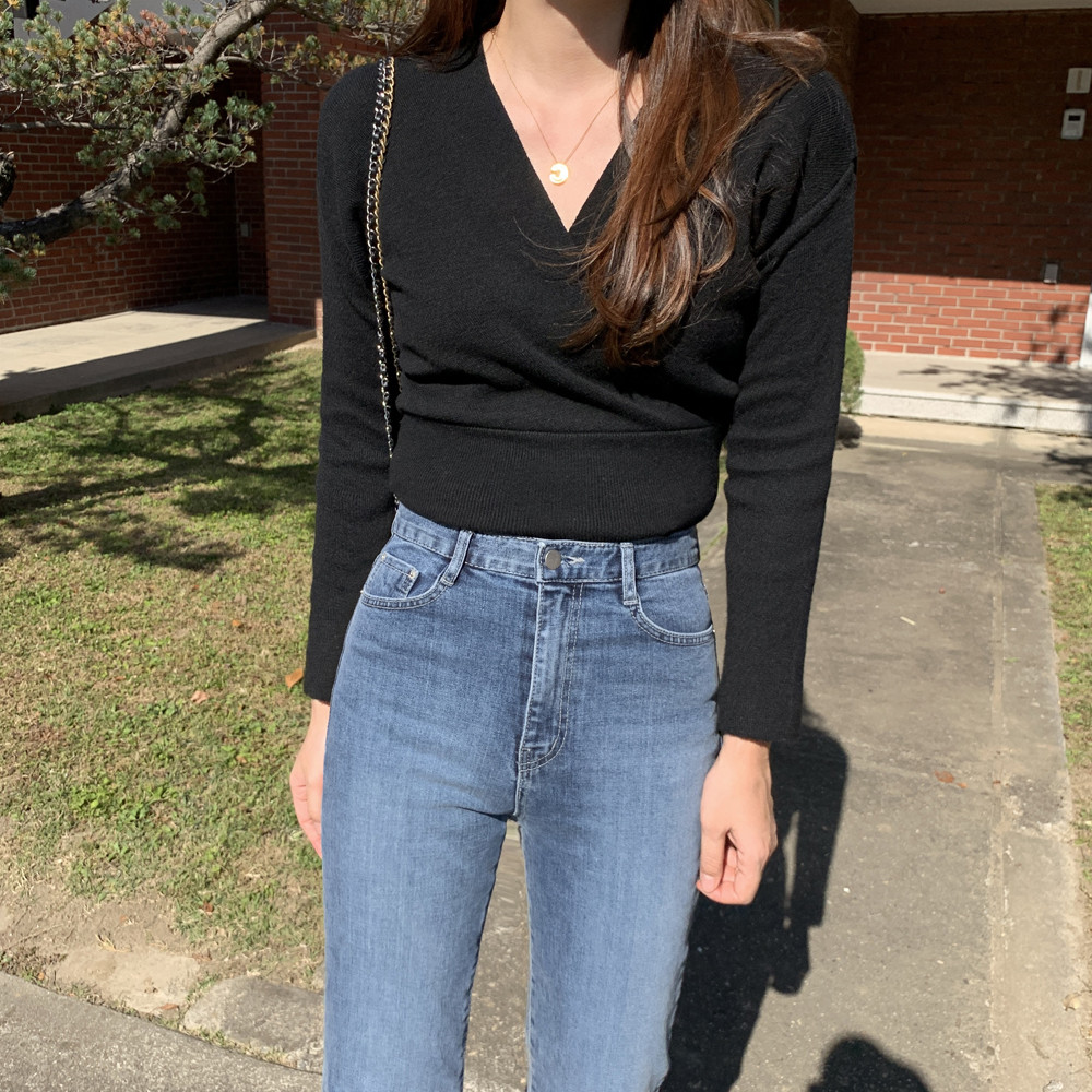 부드러운 레이어드 루즈핏 골지 브이넥니트 세미 크롭니트 랩 여성 니트티 가을 블랙 베이지