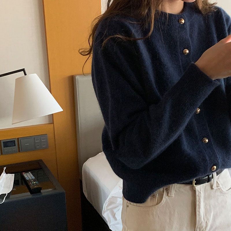텔미 골드버튼 라운드넥 긴팔 봄 루즈핏 금장단추 여성 니트 가디건(네이비,블랙)