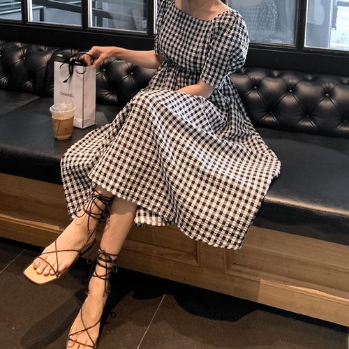 허리밴딩 스퀘어 고방 체크 퍼프 롱 원피스 여름롱원피스 - 상세 이미지 3