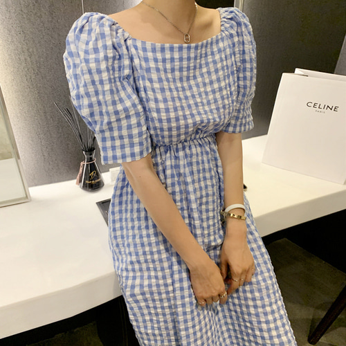 허리밴딩 스퀘어 고방 체크 퍼프 롱 원피스 여름롱원피스 - 상세 이미지 5