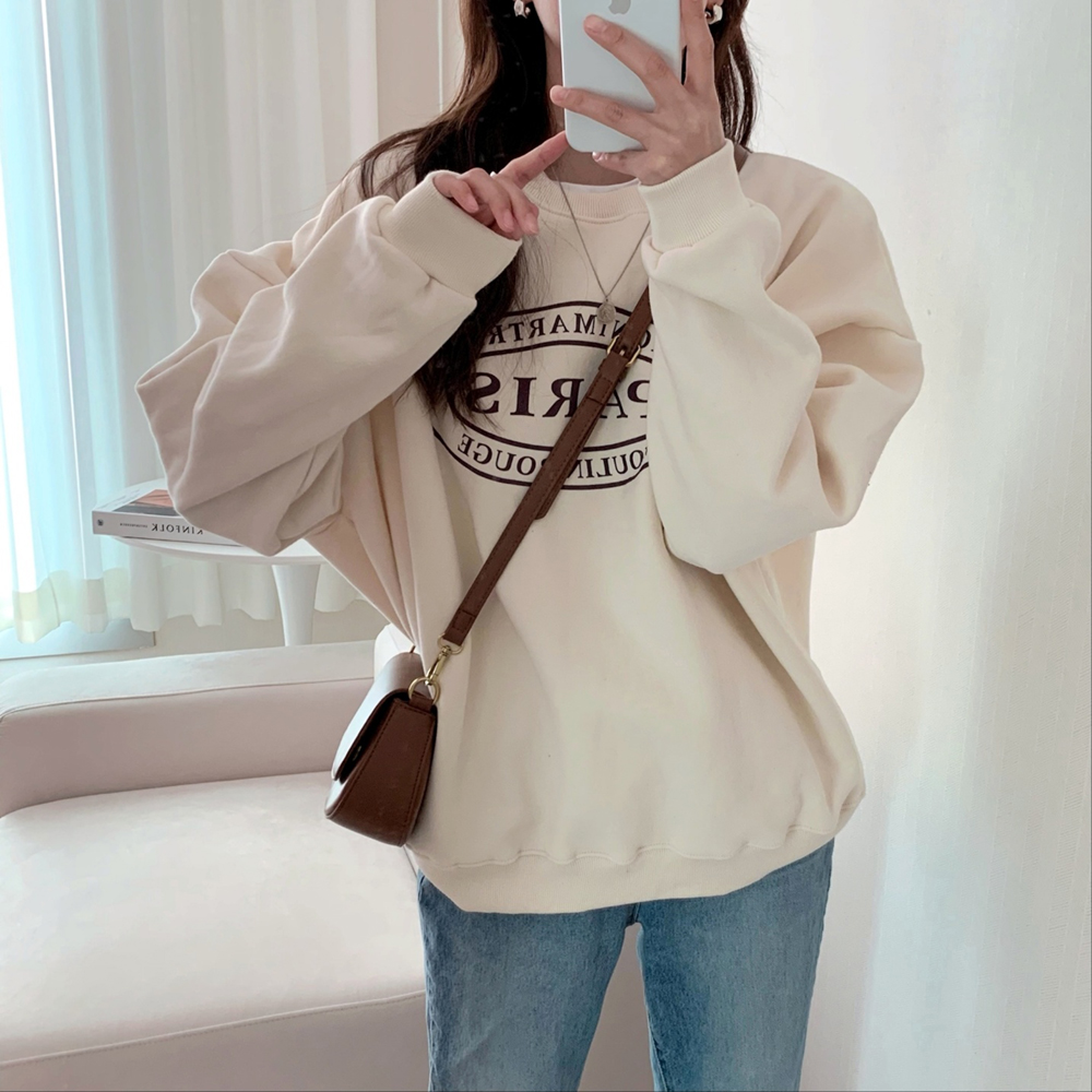 루즈핏 파리스 레터링 프린팅 퍼프 여성 맨투맨 박스티 여자 겨울 티셔츠 코튼 기모 맨투맨 - 상세 이미지 5