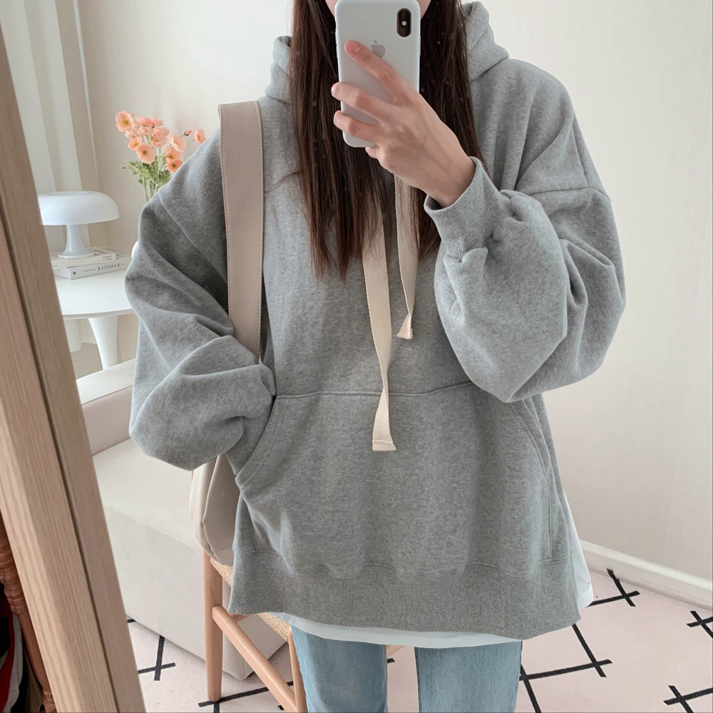 오버핏 옆트임 무지 코튼 레이어드 여성 후드티 박스티 여자 맨투맨 티셔츠 이미지 3