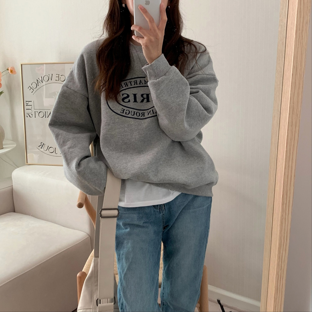 루즈핏 파리스 레터링 프린팅 퍼프 여성 맨투맨 박스티 여자 겨울 티셔츠 코튼 기모 맨투맨 - 상세 이미지 3