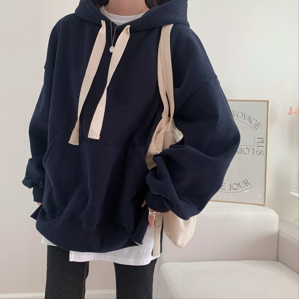 오버핏 옆트임 무지 코튼 레이어드 여성 후드티 박스티 여자 맨투맨 티셔츠 이미지 2