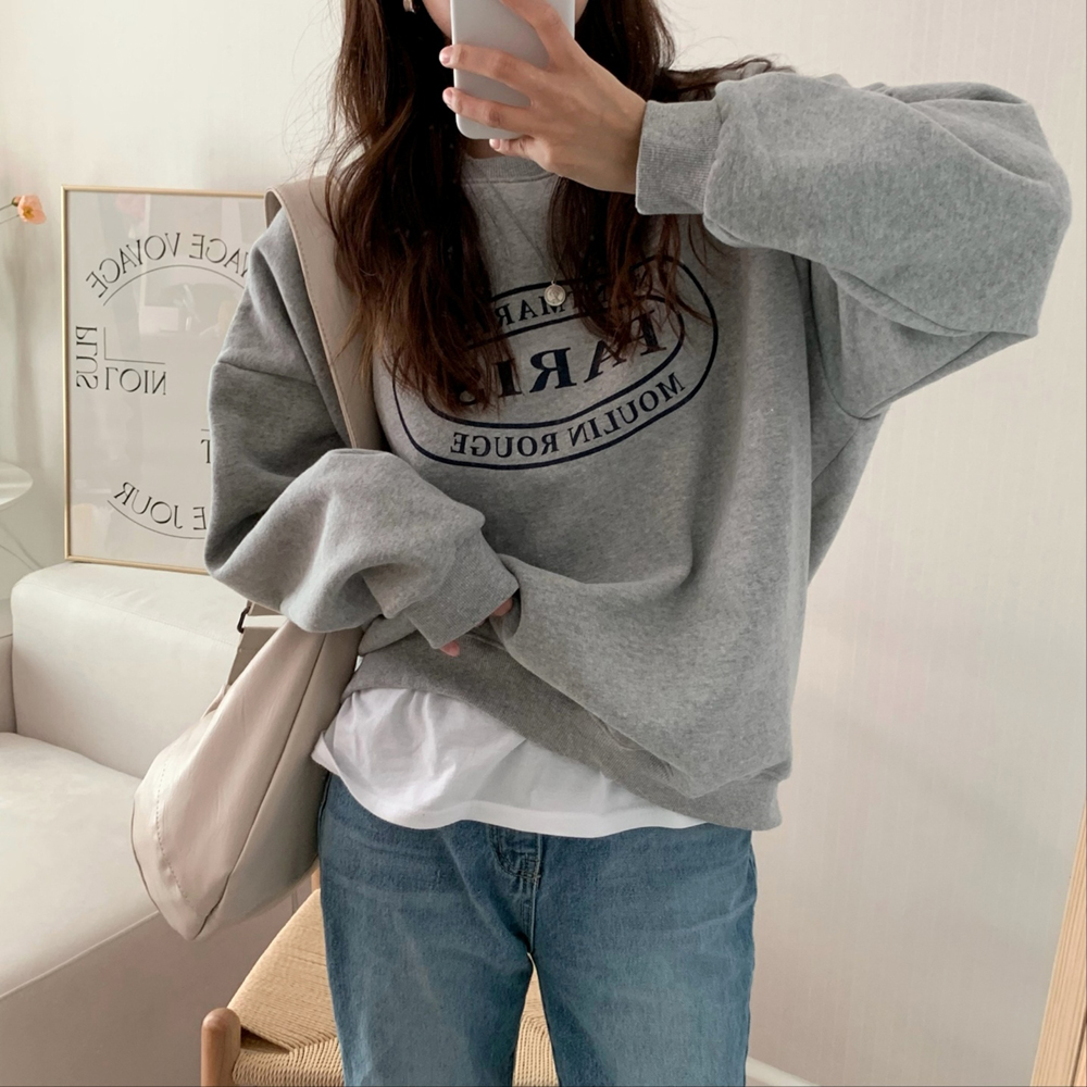 루즈핏 파리스 레터링 프린팅 퍼프 여성 맨투맨 박스티 여자 겨울 티셔츠 코튼 기모 맨투맨 - 상세 이미지 4