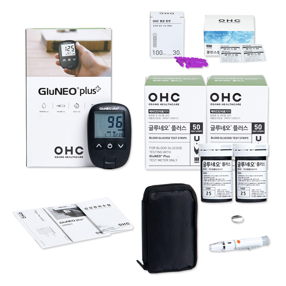 글루네오 플러스 혈당 측정기 당뇨 기계 검사기 혈당 체크기 100매 세트
