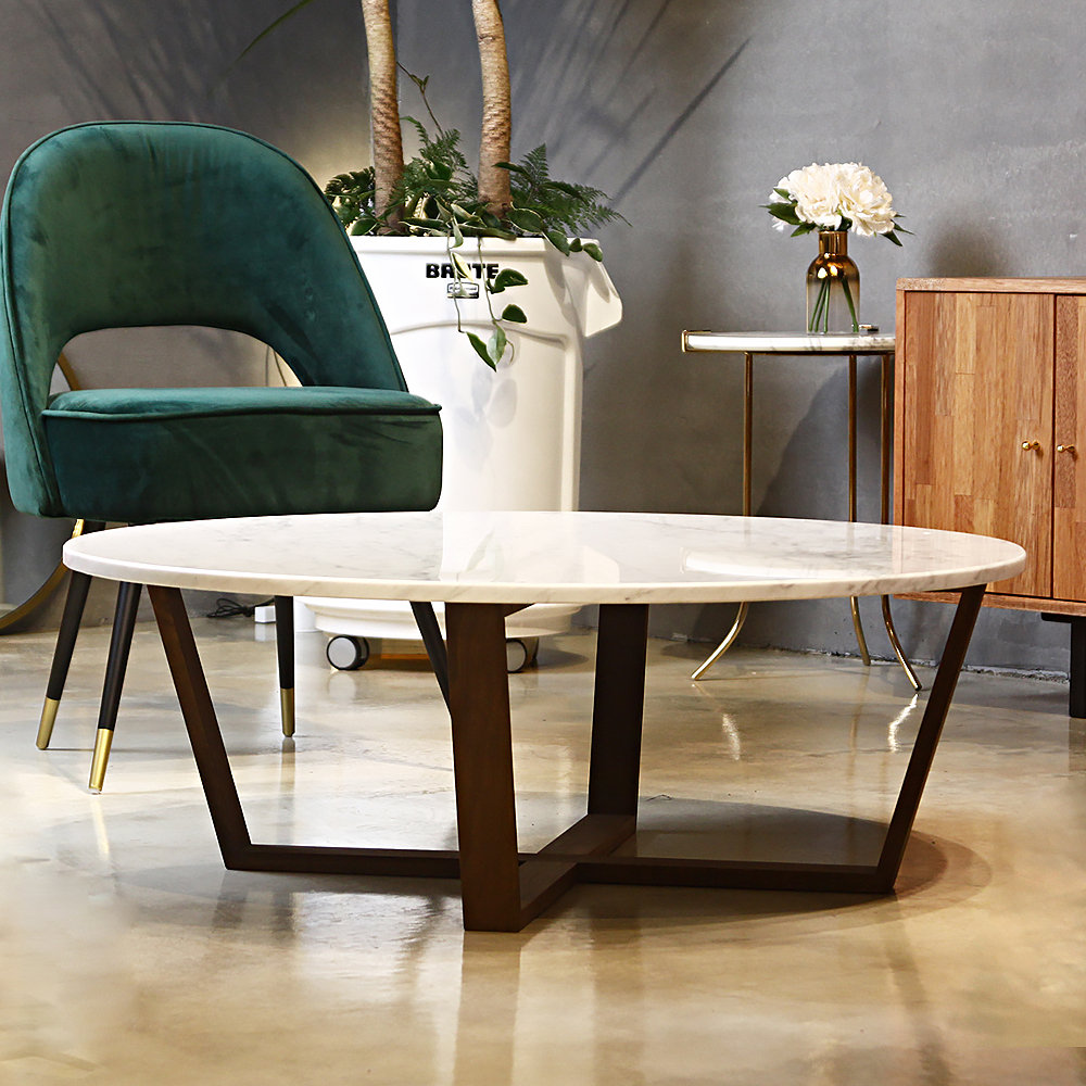 이태리 천연 대리석 월넛 원목 원형 거실 소파 테이블 600 / 비앙코카라라 CL087