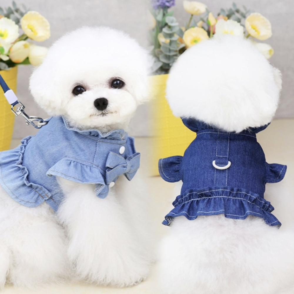 강아지 하네스 옷 데님 원피 외출복 - 상품 이미지