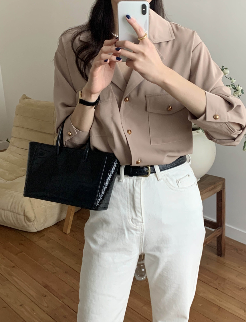 [자체제작]#가을🍂굿모닝 실키 양포켓 골드버튼 하객룩 블라우스 셔츠 상세 이미지 30