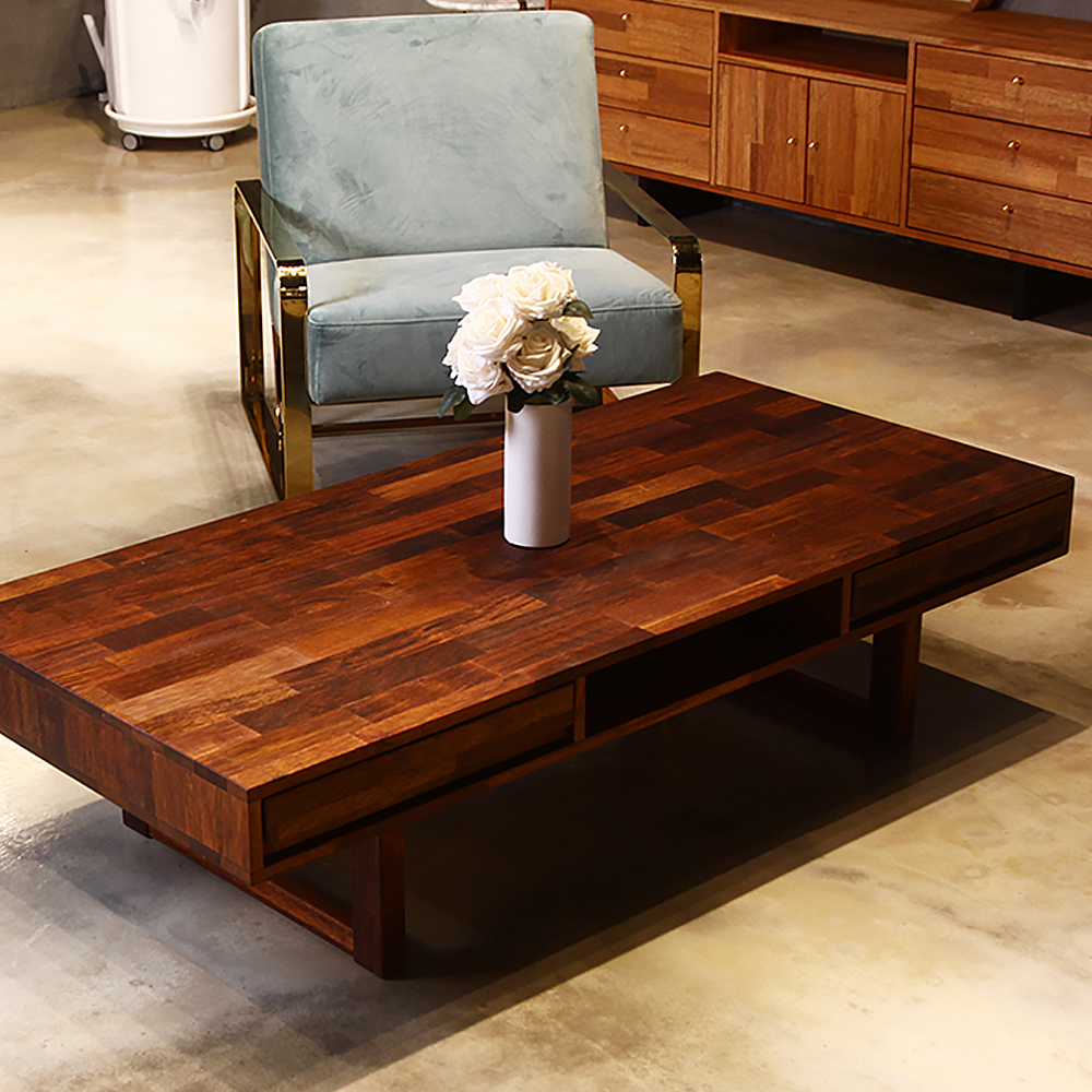 까사드블랑 멀바우 원목 수납형 서랍 좌탁 소파 거실 테이블 1500 CL099