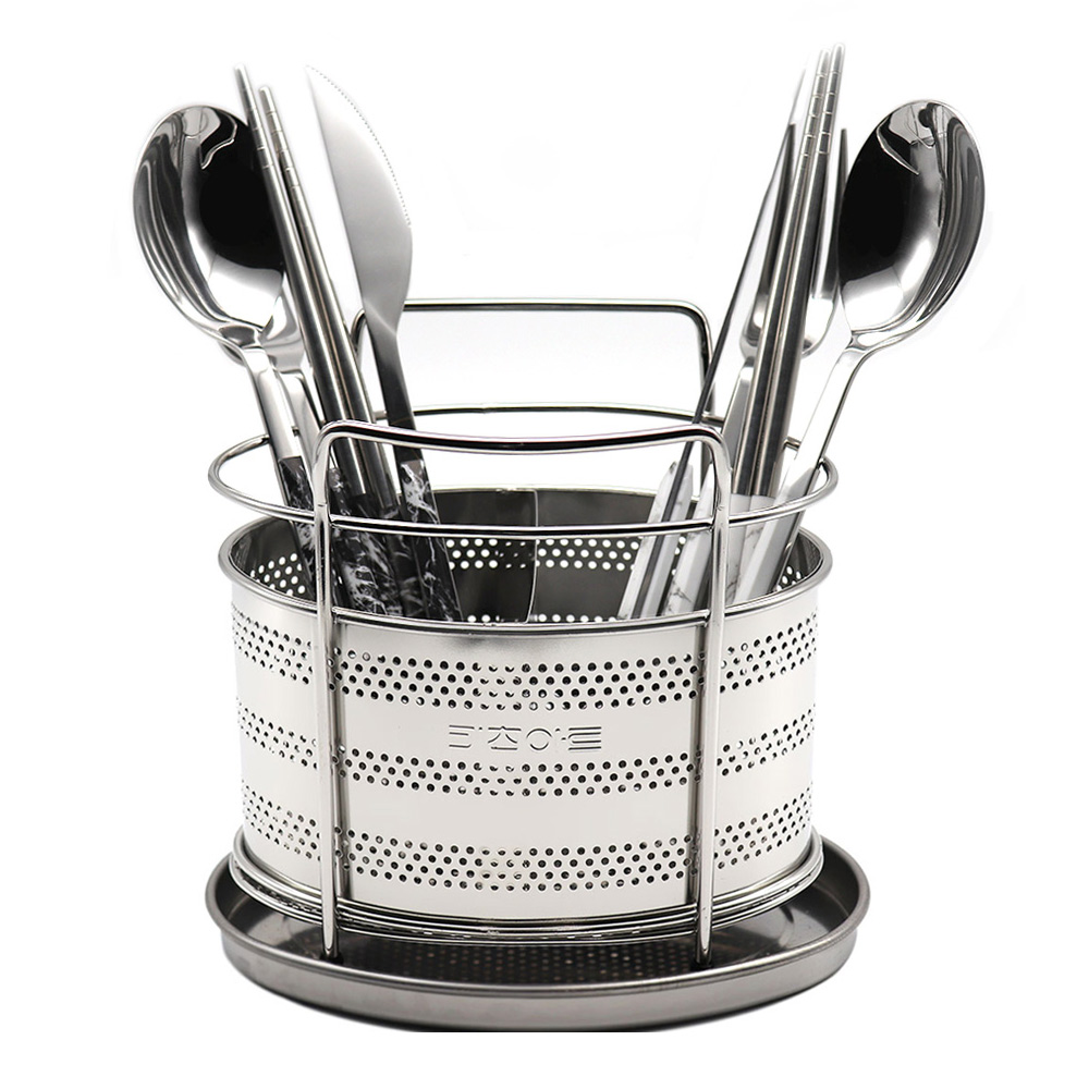 키친아트 물빠짐 수저통 타원 쟁반 스텐 수저꽂이