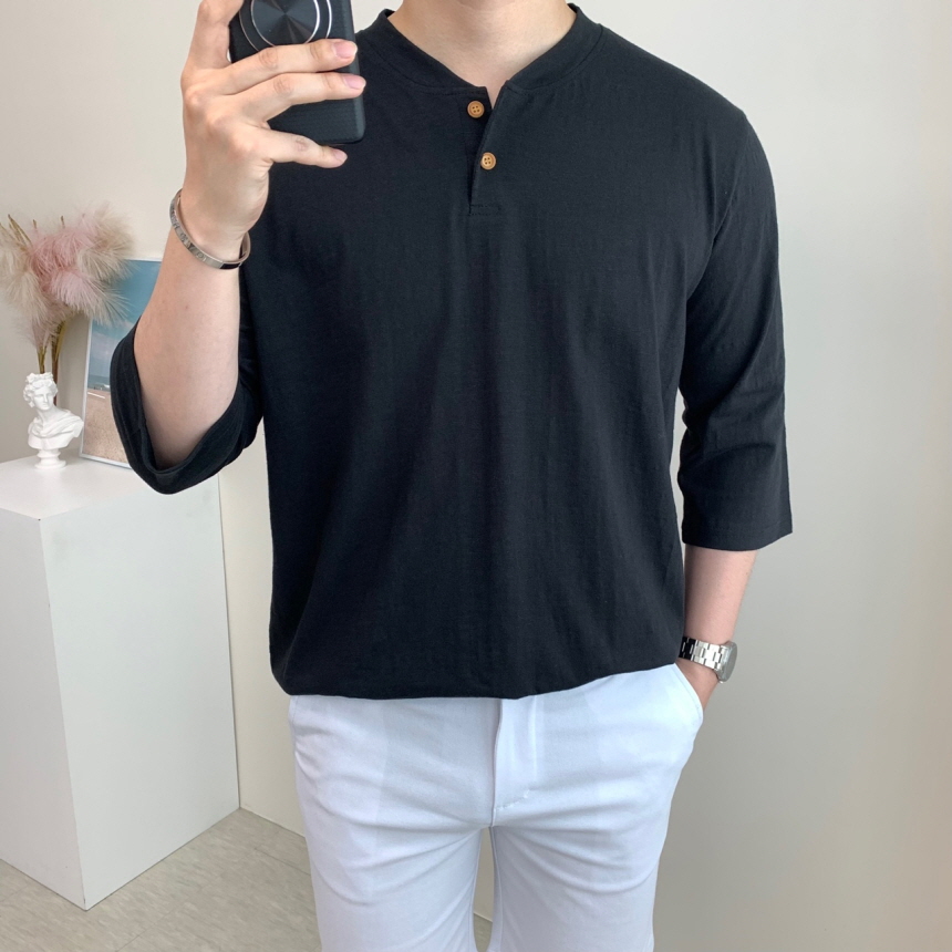 남자 7부 반팔 슬라브 무지 헨리넥 티셔츠 - 메인 이미지
