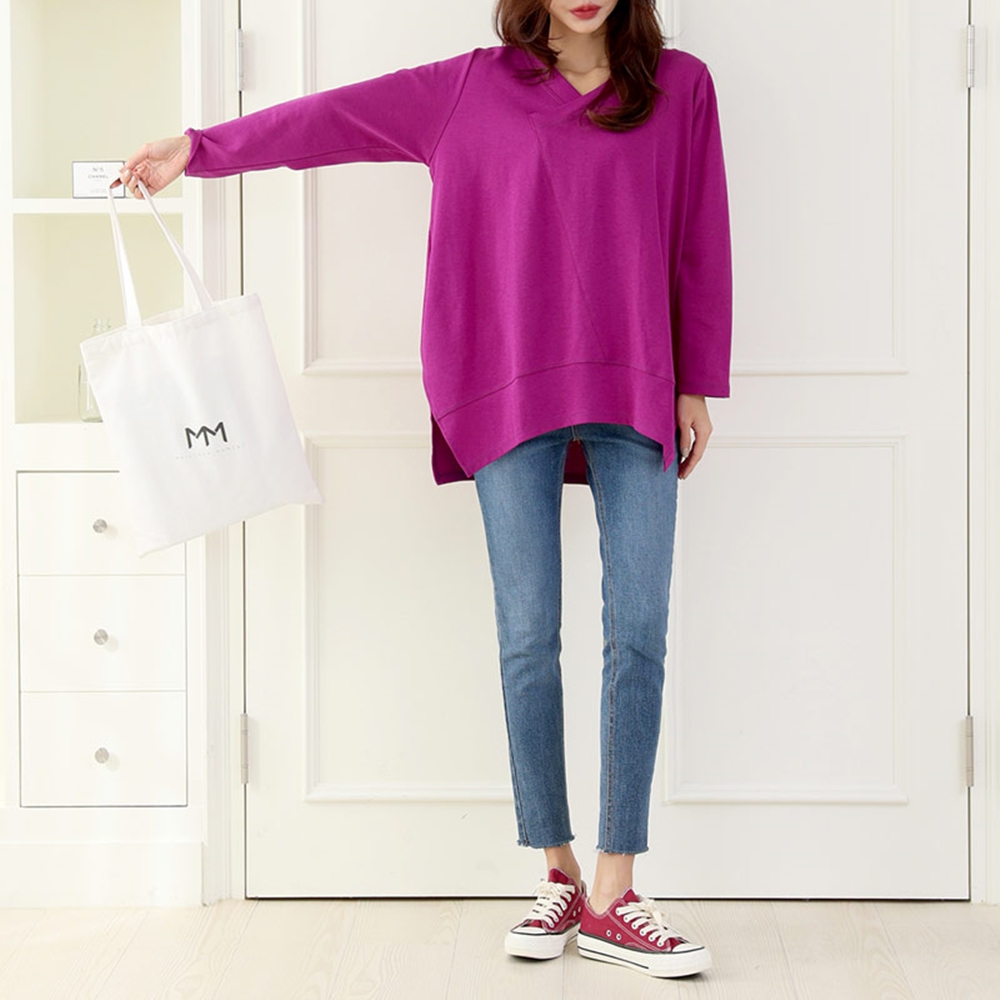 언발 브이넥 빅사이즈 트임 레깅스 롱 맨투맨 티셔츠 - 상품 이미지