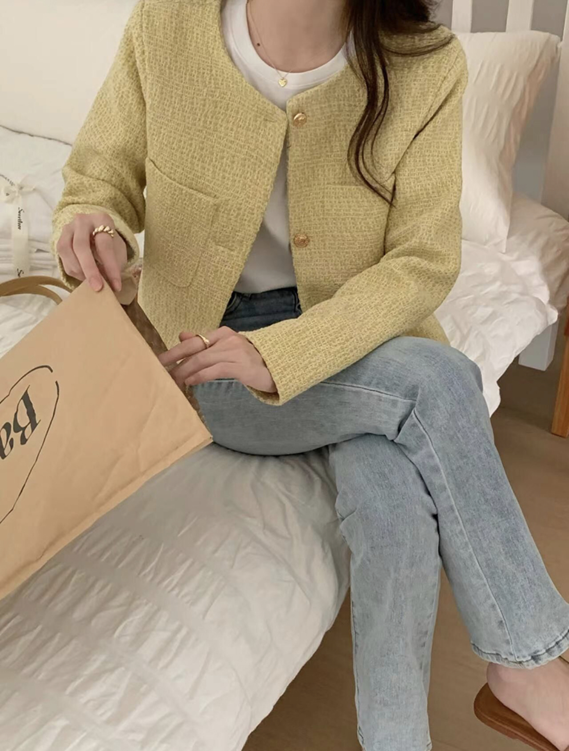 라미크 봄 간절기 루즈핏 긴팔 골드버튼 금장단추 기본 데일리 여자 노카라 트위드 자켓 이미지 3