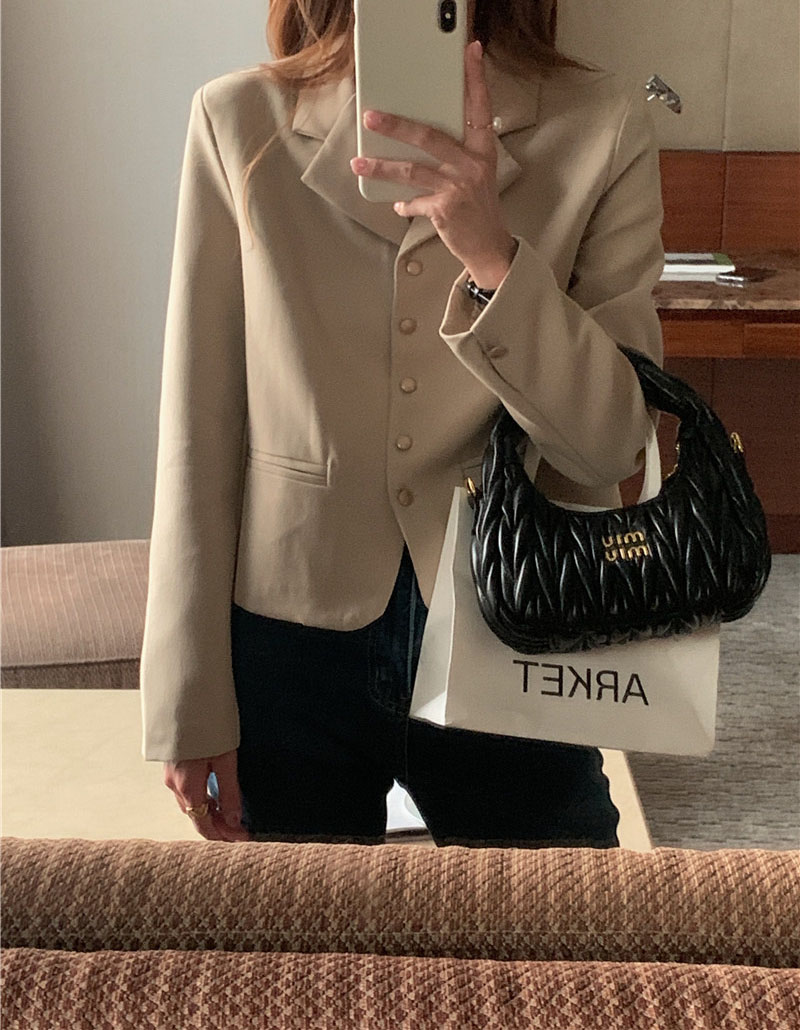 프렌치 시크 골드버튼 금장 빈티지 버튼 단추 카라넥 루즈핏 케쥬얼 여자 봄 자켓(베이지,브라운) 이미지