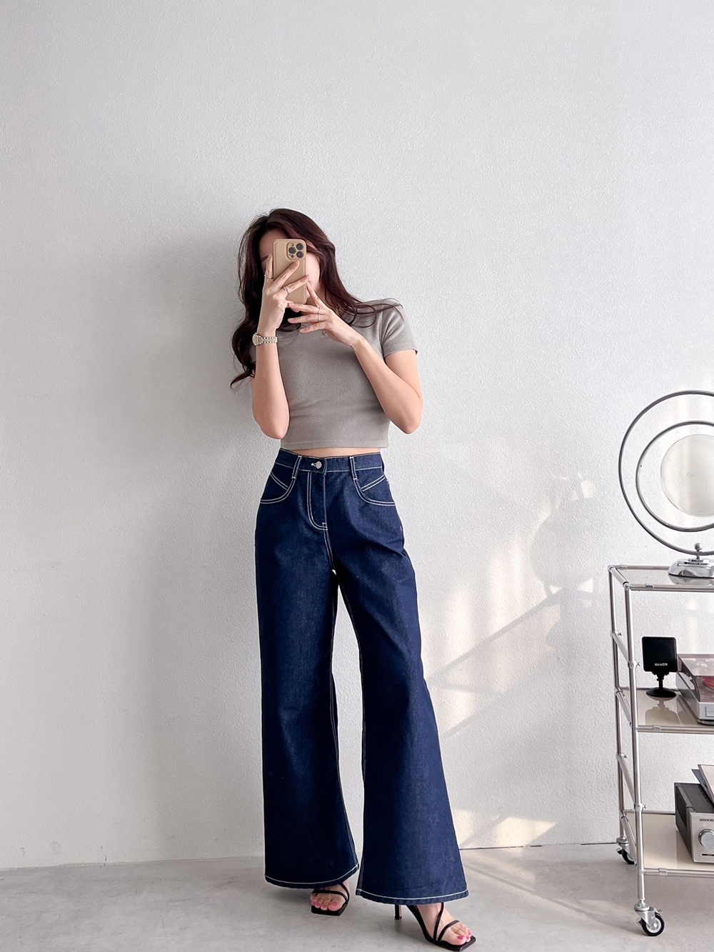 진청 스티치 빈티지 하이웨스트 와이드 데님 팬츠 이미지 2
