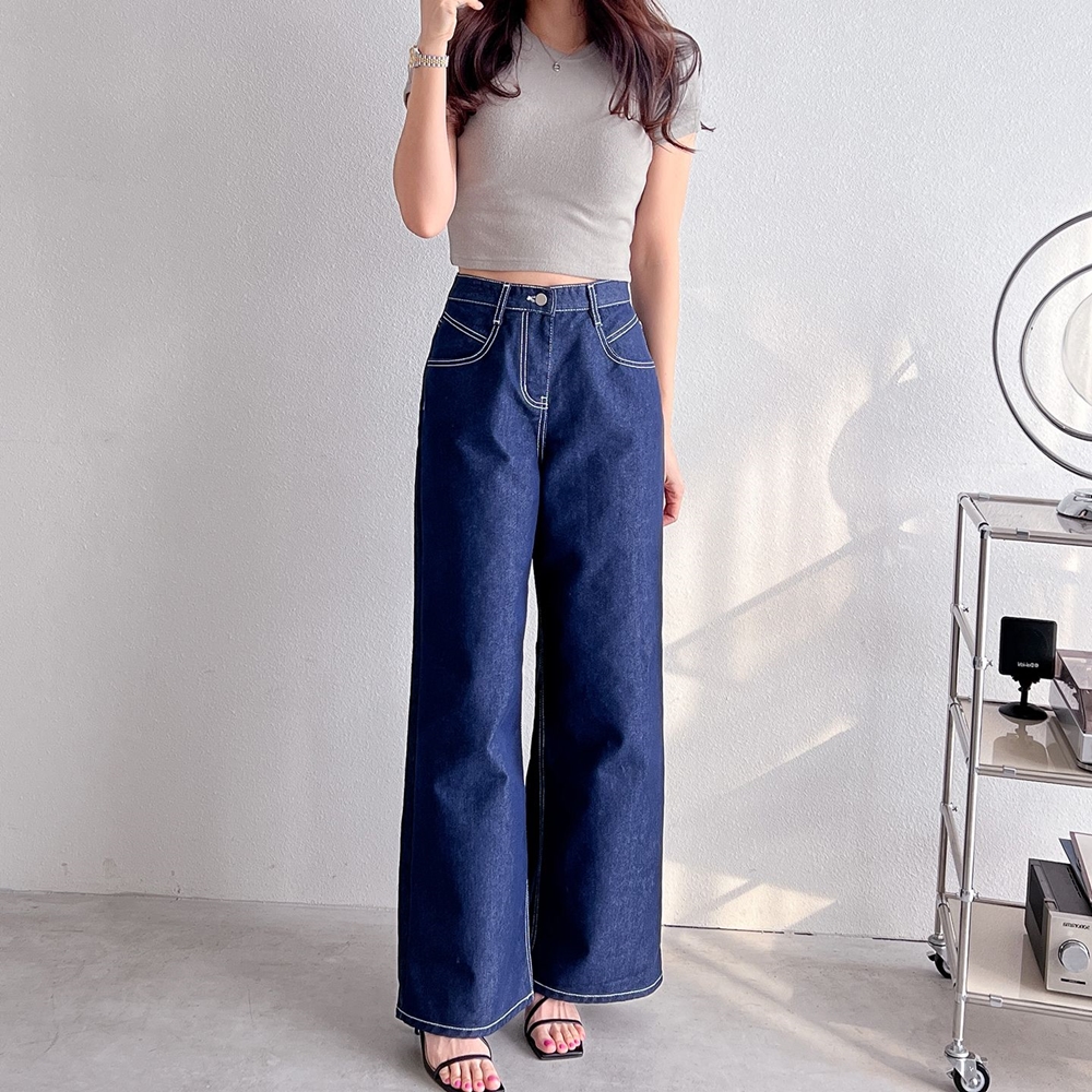 진청 스티치 빈티지 하이웨스트 와이드 데님 팬츠 이미지 3