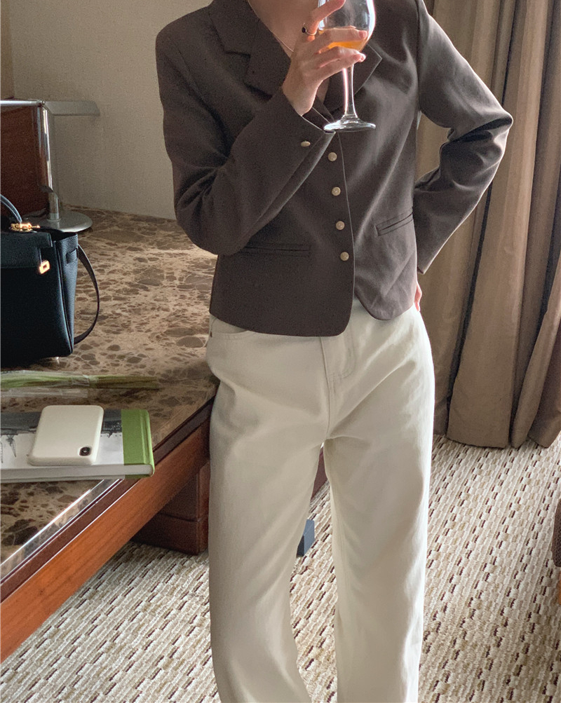 프렌치 시크 골드버튼 금장 빈티지 버튼 단추 카라넥 루즈핏 케쥬얼 여자 봄 자켓(베이지,브라운) 이미지 4