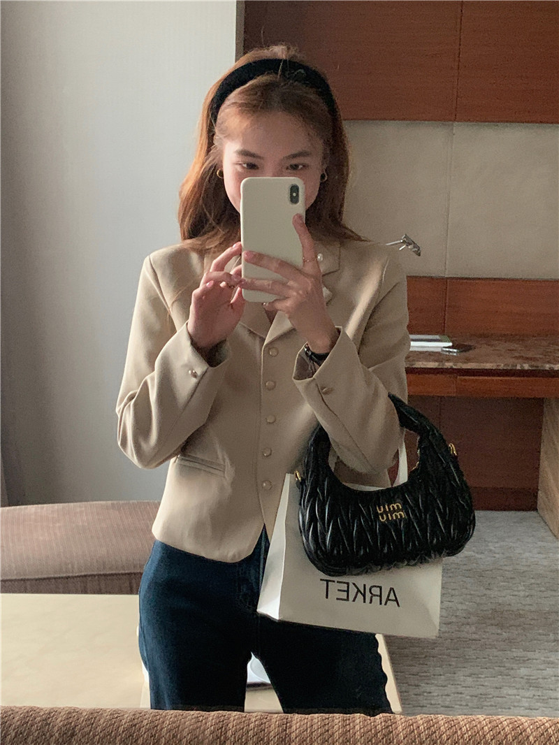 프렌치 시크 골드버튼 금장 빈티지 버튼 단추 카라넥 루즈핏 케쥬얼 여자 봄 자켓(베이지,브라운) 이미지 2