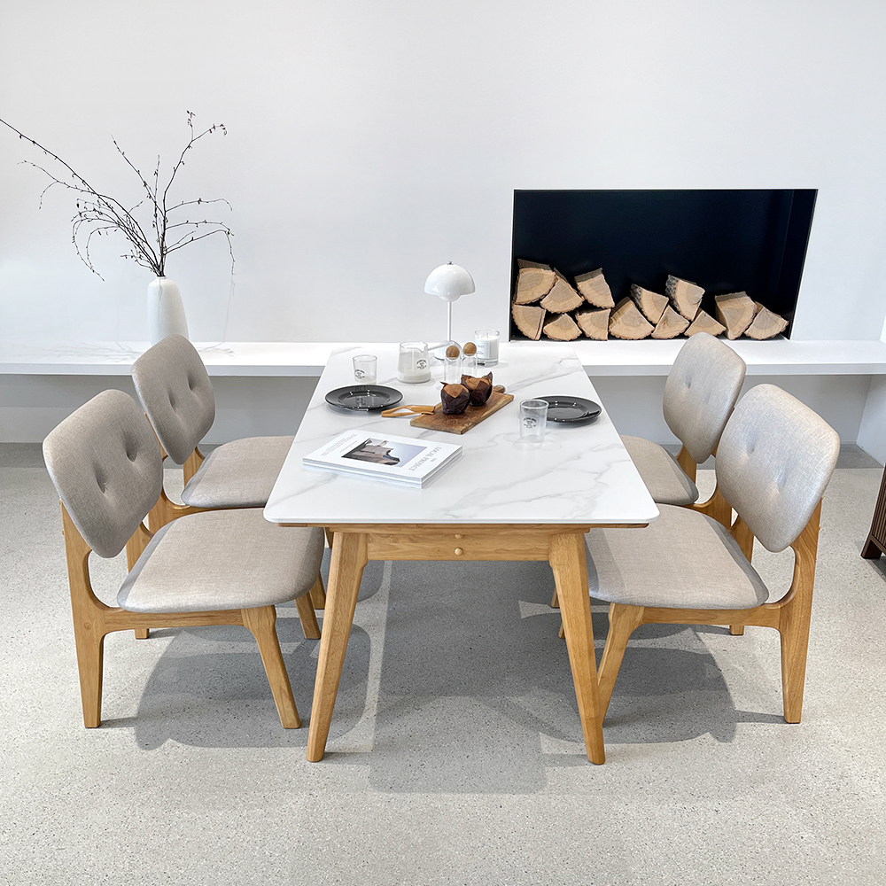 로포텐 올라 세라믹식탁 세트 원목 4인용 낮은 식탁 포세린 마블화이트 1400 의자2 벤치