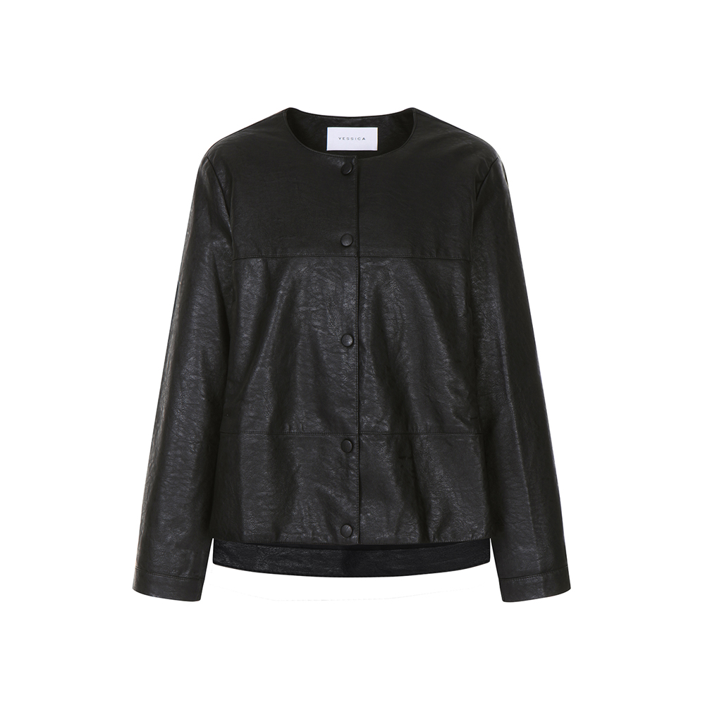 예시카 라인 커팅 언밸런스드 라운드 에코 레더 자켓 YH2LE354