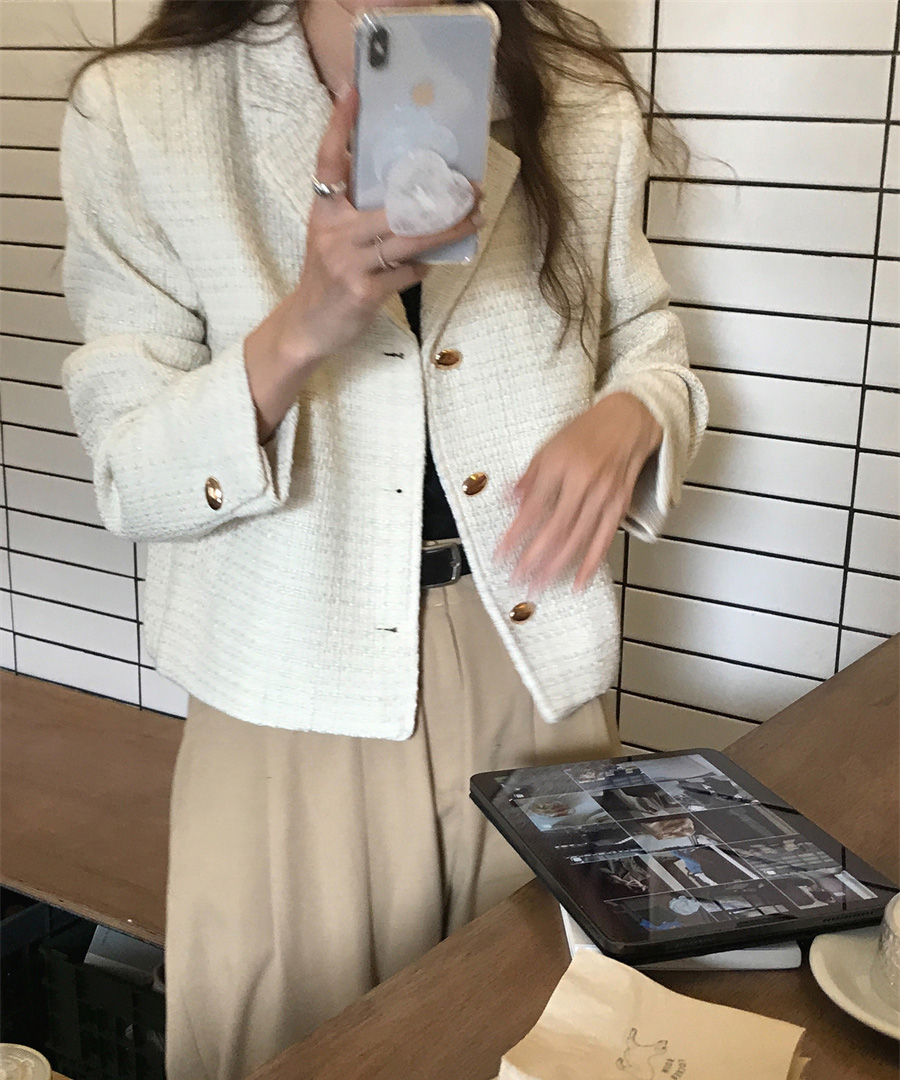 그랜트 골드버튼 세미 크롭 카라넥 봄 여름 간절기 긴팔 루즈핏 미니 자켓(아이보리,블랙) 이미지 2