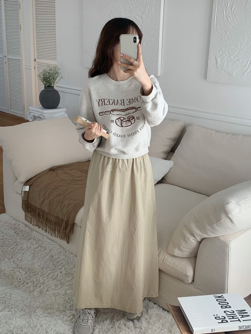 여성 봄 여름 가을 바스락 밴딩 면 A라인 맥시 롱 스커트 이미지 3