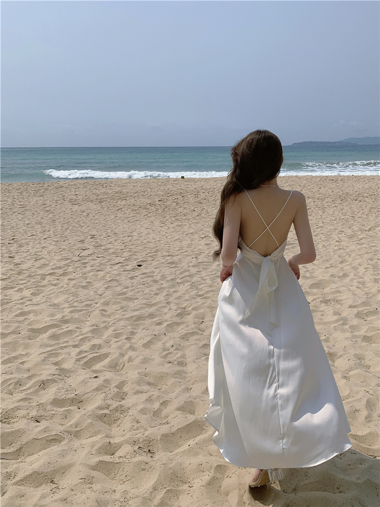 리본 백트임 백리스 여름 뷔스티에 끈나시 화이트 롱원피스 바캉스 여신 휴양지 호캉스 화보 셀프웨딩 비치 드레스 상세 이미지 2