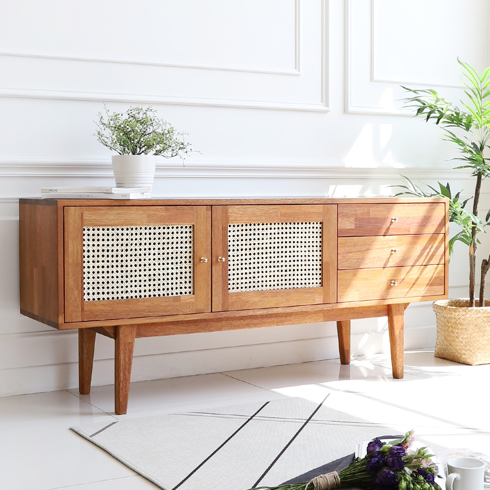 멜던 라탄 멀바우 원목 서랍 거실장 1500 TV 다이 선반 CL359