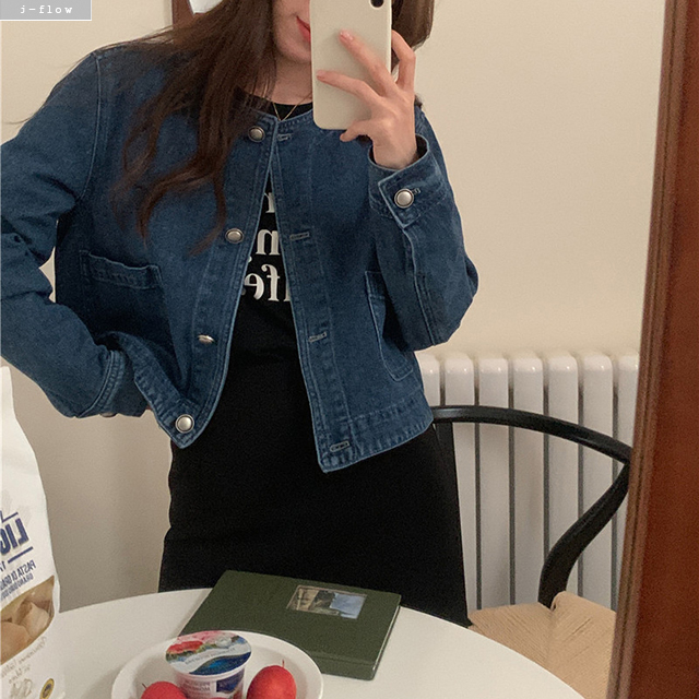 피칸 라운드 크롭 데님 자켓 1ocl 봄 가을 노카라 은장버튼 데일리 코튼 제이플로우 이미지 8