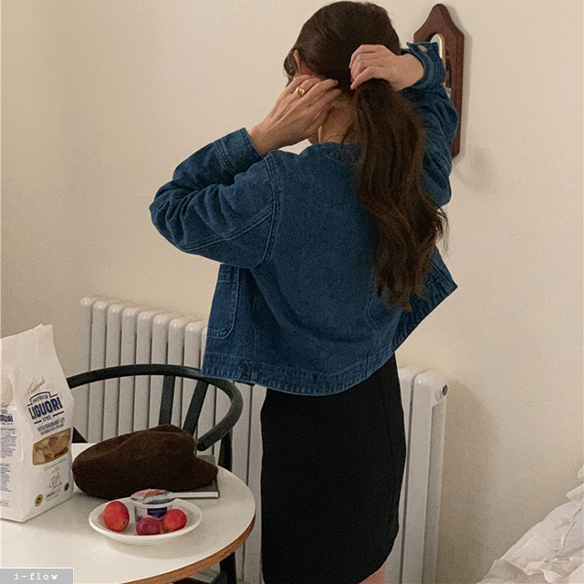 피칸 라운드 크롭 데님 자켓 1ocl 봄 가을 노카라 은장버튼 데일리 코튼 제이플로우 - 상세 이미지 2