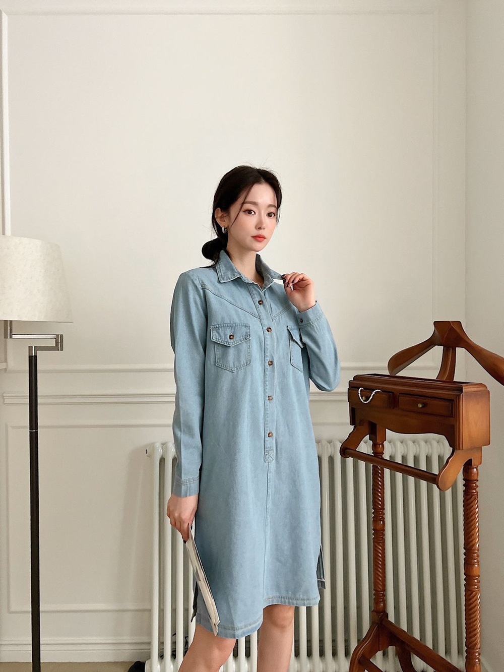 데님 키작녀 원피스 여성 봄 가을 청 카라 셔츠 미디 원피스 이미지 3