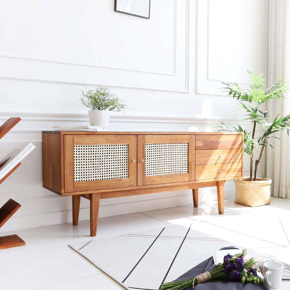 멜던 라탄 멀바우 원목 서랍 거실장 1500 TV 다이 선반 CL359