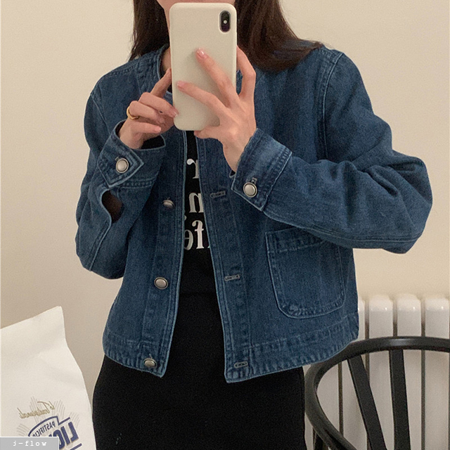 피칸 라운드 크롭 데님 자켓 1ocl 봄 가을 노카라 은장버튼 데일리 코튼 제이플로우 - 상세 이미지 4