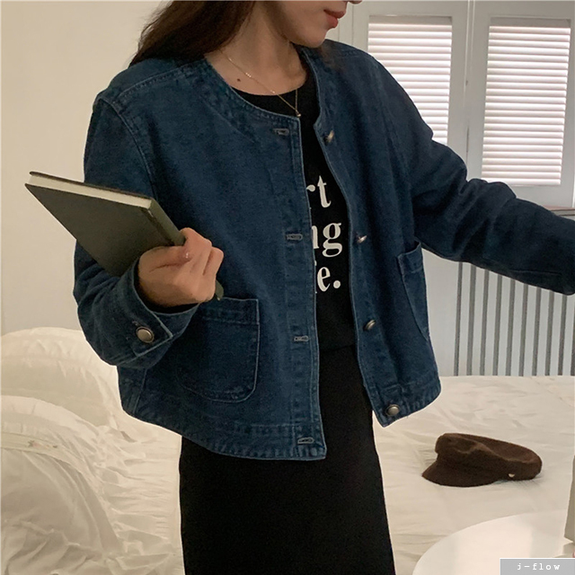 피칸 라운드 크롭 데님 자켓 1ocl 봄 가을 노카라 은장버튼 데일리 코튼 제이플로우 이미지 7